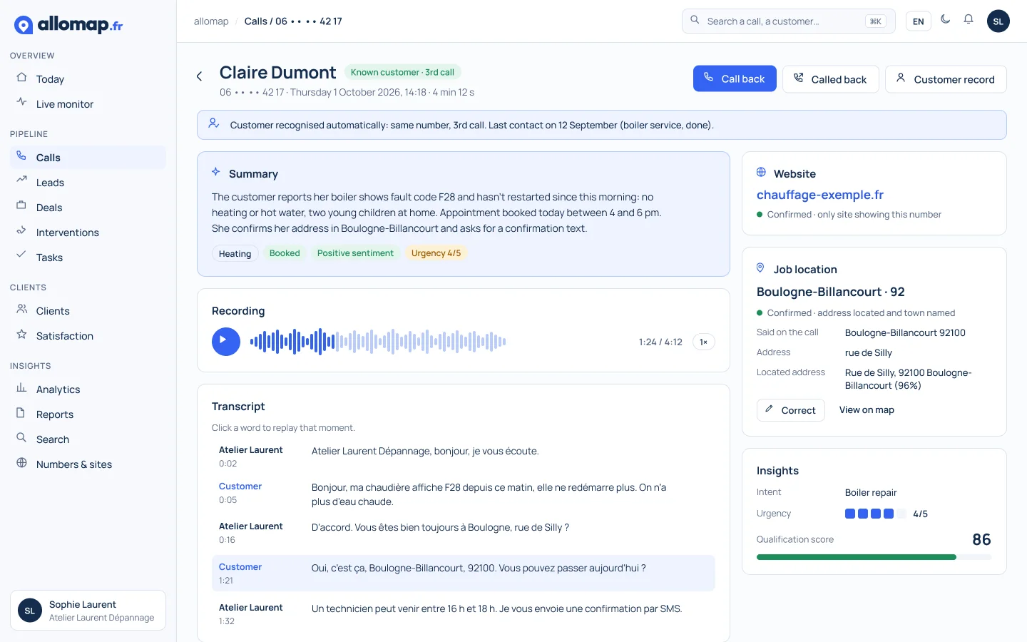 Call record: summary, transcript, source website and job location