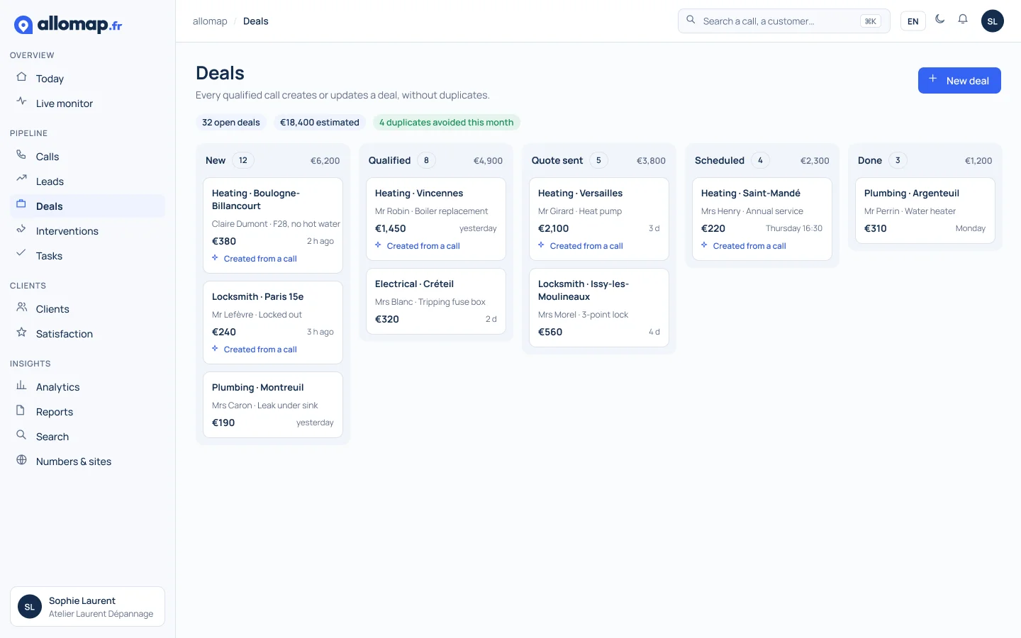 Deals board from New to Done