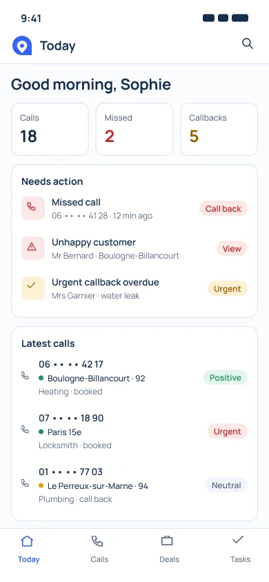 AlloMap on a phone: today’s calls and items needing action