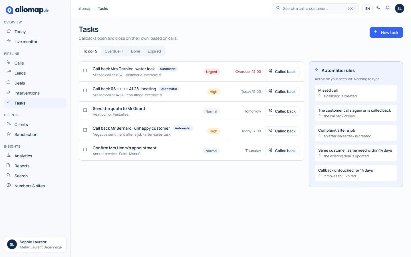 Tasks screen: automatic callbacks and active rules