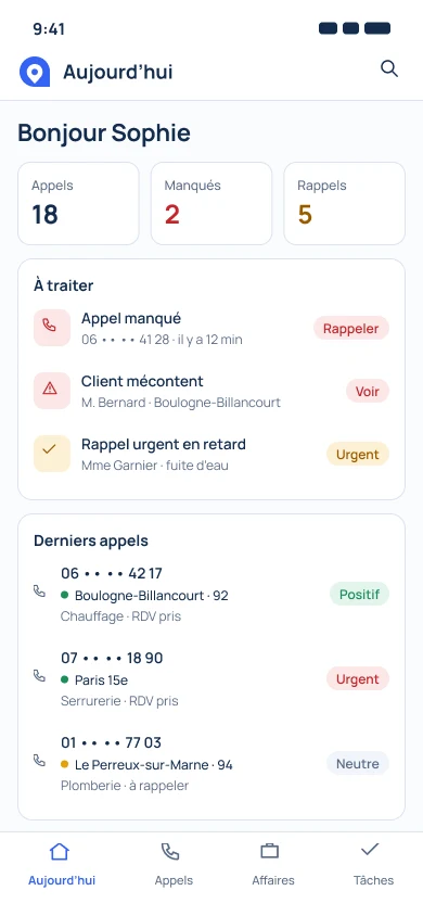 AlloMap sur téléphone : appels du jour et actions à traiter